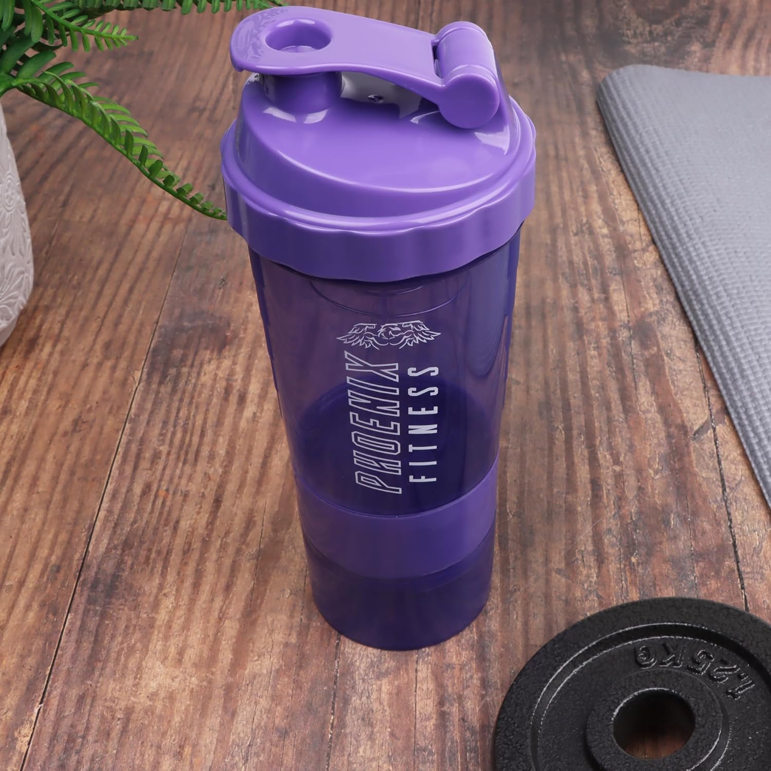Phoenix Fitness Protein Shaker Bottle with Storage Compartments Purple